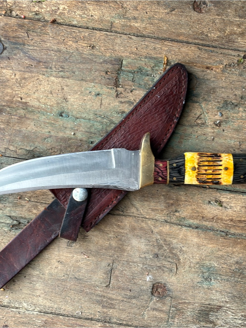 Handcrafted Men’s Hunting Knife with Brown Sheath - Yellow Accent Handle